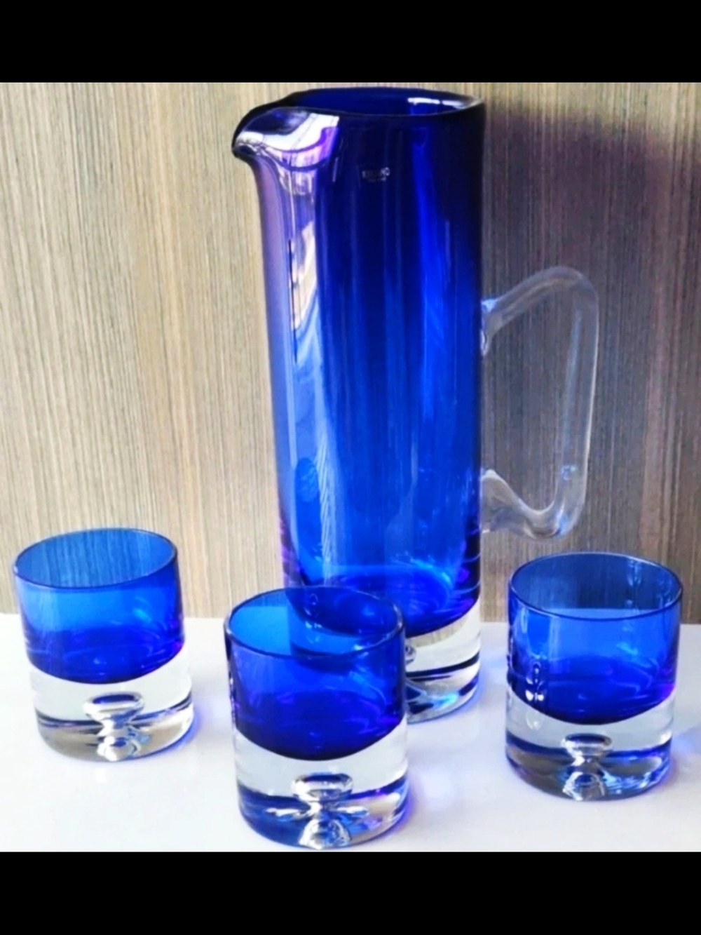 Krosno Poland Cobalt Blue Whiskey Set....Jug & 3 Glasses....